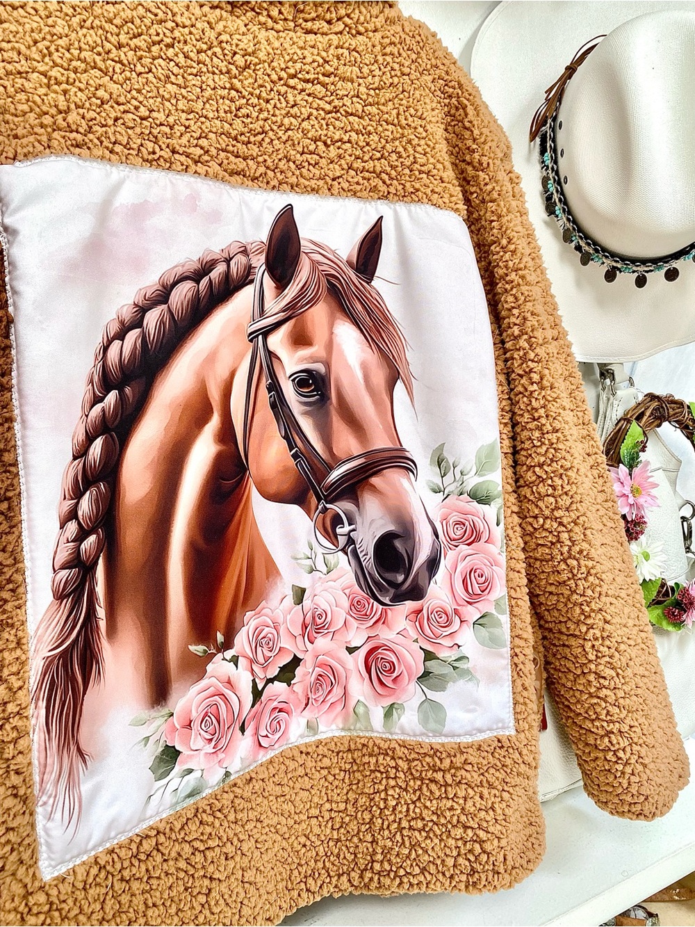 Rare HORSE/rose floral upcycled equestrian cottagecore Sherpa Teddy jacket